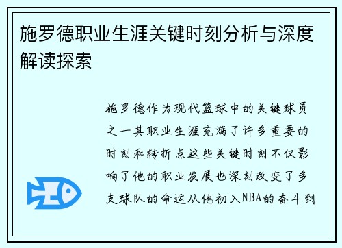 施罗德职业生涯关键时刻分析与深度解读探索